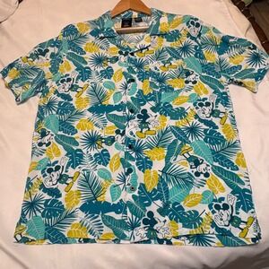 Disney Mickey Mouse Mens Tropical Hawaiian Shirt Teal Yellow Rayon Large LG